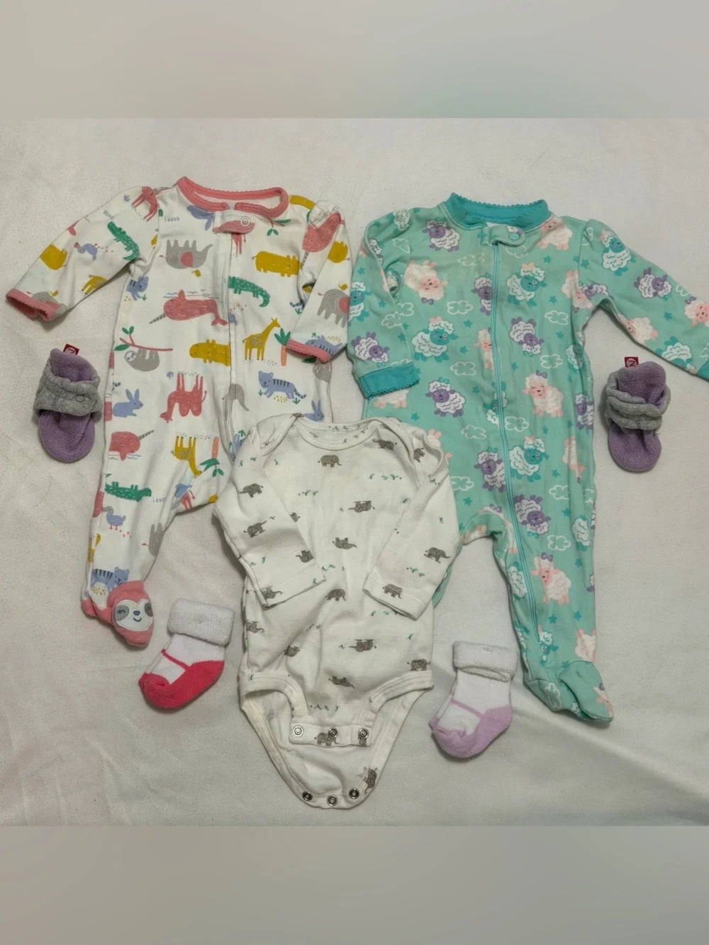 Carter's Baby One-Piece Sleepers in White, Mint, Pink & Yellow Animal Prints